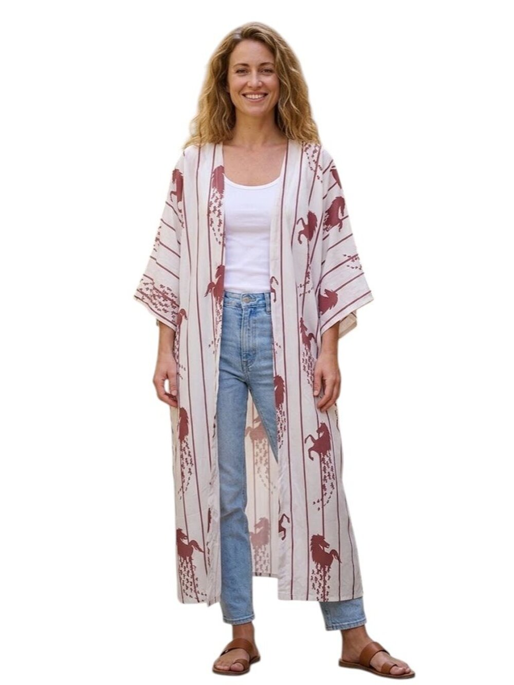 X,New Vitrine Open Front 3/4 Sleeve Bronco Horse Print Kimono Style Duster Robe